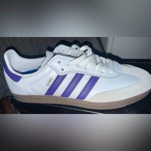 adidas Samba White Sneakers with Purple Stripes and Gum Sole